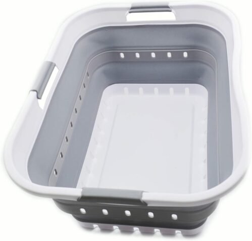 SAMMART 42L (11 gallon) Collapsible Plastic Laundry Basket – Foldable Pop Up Storage Container/Organizer – Space Saving Hamper/Basket (1, White/Grey)