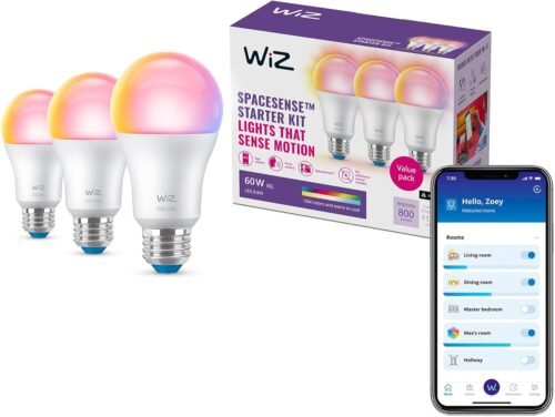 WiZ 60W A19 Color LED Smart Bulb – Pack of 3 – E26- Indoor – Connects to Your Existing Wi-Fi – Control with Voice or App + Activate with Motion – Matter Compatible