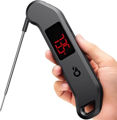Professional Meat Thermometer Digital, 1 Sec Instant Read, NIST Certified Accurate to ±0.5℉, Ultra Bright LED Screen, 100% Waterproof, Auto-Rotate/On/Off, for BBQ/Smoker/Candy, Black