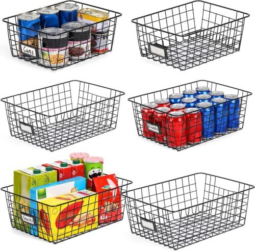 6 Pack [ Extra Large ] Wire Storage Baskets for Organizing with Lables, Pantry Organization Bins Cabinets – Metal Basket Kitchen, Laundry, Garage, Fridge, Bathroom Countertop Organizer, Black