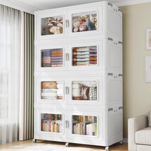 300Gal Extra Large Storage Bins with Lid, 1200Qt Plastic Stackable Storage Bins with Wheels, Collapsible Closet Organizer and Storage Drawers for Cabinet, Bedroom, Office, 4 Pack