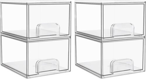 Vtopmart 4 Pack Clear Stackable Storage Drawers, 4.4” Tall Acrylic Bathroom Makeup Organizer,Plastic Storage Bins For Vanity, Undersink, Kitchen Cabinets, Pantry, Home Organization