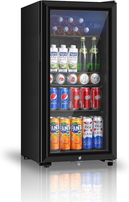 Beverage Refrigerator, 3.2 Cu.ft Mini Fridge with Double Glass Door, Cooler for Soda, Beer or Wine for Home, Office or Bar with Adjustable Removable Shelves (Black)