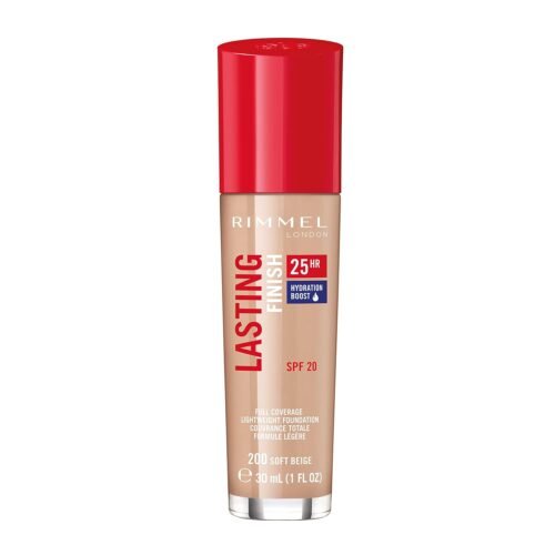 Rimmel London Lasting Finish 25HR – 200 Soft Beige – Foundation, 25-Hour Wear, Full Coverage, Waterproof, 1oz
