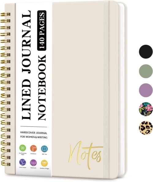 Lined Spiral Journal Notebook for Women, A5 College Ruled Journals for Writing, Hardcover Notebooks for Work, Note Taking and Office School Supplies,140 Pages – Grey Beige