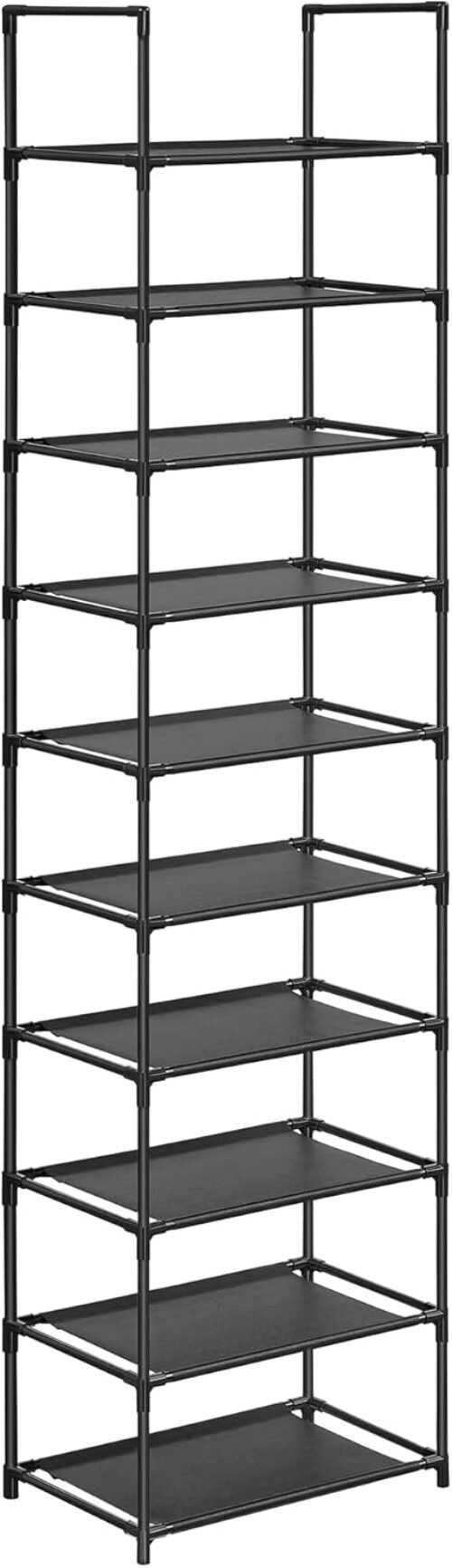 SONGMICS Shoe Rack, 10 Tier Shoe Shelf, Shoe Storage Organizer, Space-Saving, 11 x 17.7 x 68.1 Inches, Metal Frame, Non-Woven Fabric Shelves, for Entryway, Bedroom, Black ULSH010B02