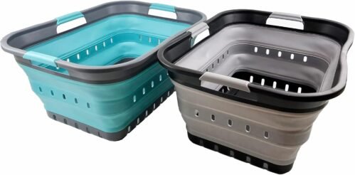 SAMMART 42L (11 gallon) Set of 2 Collapsible Plastic Laundry Basket – Foldable Pop Up Storage Container/Organizer – Portable Basket – Space Saving Hamper/Basket (Alloy Grey + Crystal Blue)