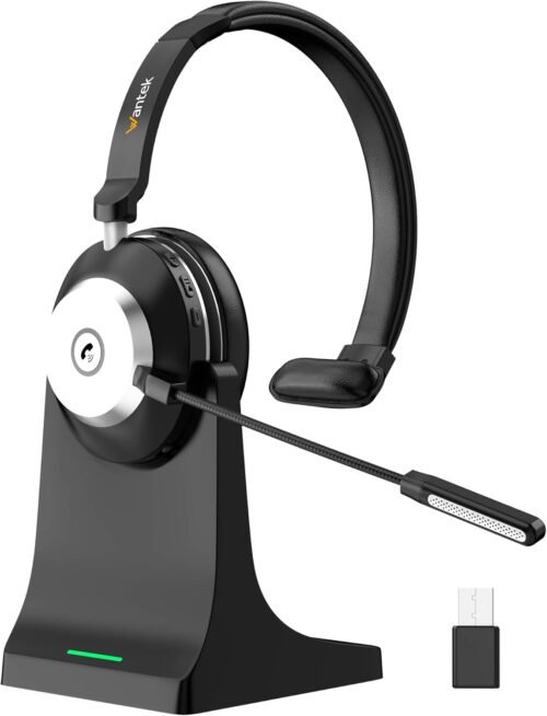 Wireless Headset with Mic for Work with AI Noise Cancelling Microphone Bluetooth Headset with 2.4G USB Dongle & Mic Mute for Laptop/Computer/Cell Phones/Office/Remote Work/Call Center/Zoom/Skype
