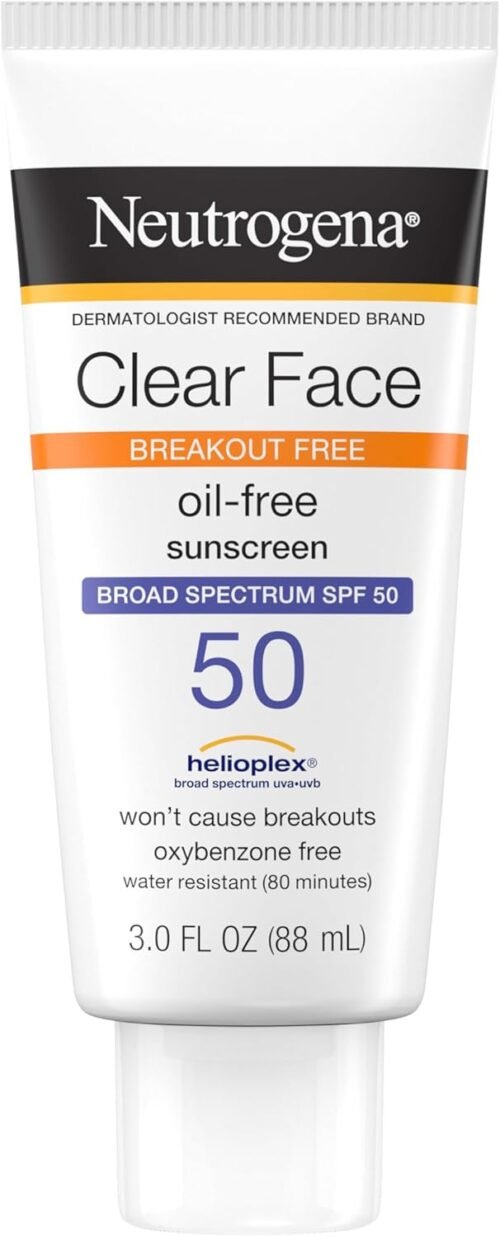 Neutrogena Clear Face Sunscreen Lotion for Acne-Prone Skin, Broad Spectrum SPF 50 Facial Sunscreen for Oily Skin, Oil-, Fragrance- & Oxybenzone-Free Water Resistant Sunscreen, 3 fl. oz
