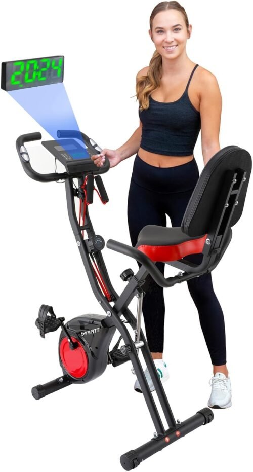 YYFITT 3-IN-1 Exercise Bike with Luminous Digits Display | Folding Stationary Bikes for Home Seniors | Compact Workout Bike with Fully Support Backrest – Wider Seat – 16 Level Magnetic Resistance