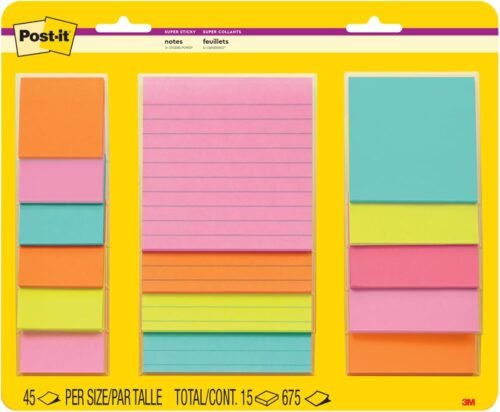 Post-it Super Sticky Lined Notes, 15 Sticky Note Pads, Multi-Size., School Supplies, Office Products, Sticky Notes for Vertical Surfaces, Monitors, Walls and Windows, Supernova Neons Collection