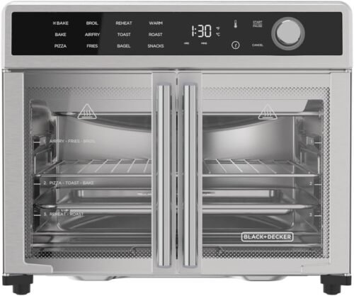 BLACK+DECKER Crisp ‘N Bake Air Fryer Toaster Oven Combo, 12 in 1 Countertop Convection Oven Cooks Food Fast, Fits a Whole Pizza or 6 Toast Slices, French Doors with Stainless Steel Finish