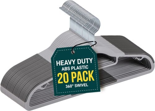 Plastic Clothes Hanger Set – 20 Pieces Versatile, Lightweight, Space-Saving, Non-Slip, Slim Designed, Dry and Wet Clothes Hanger Set with 360° Swivel Hook and Rubber Coating – Gray