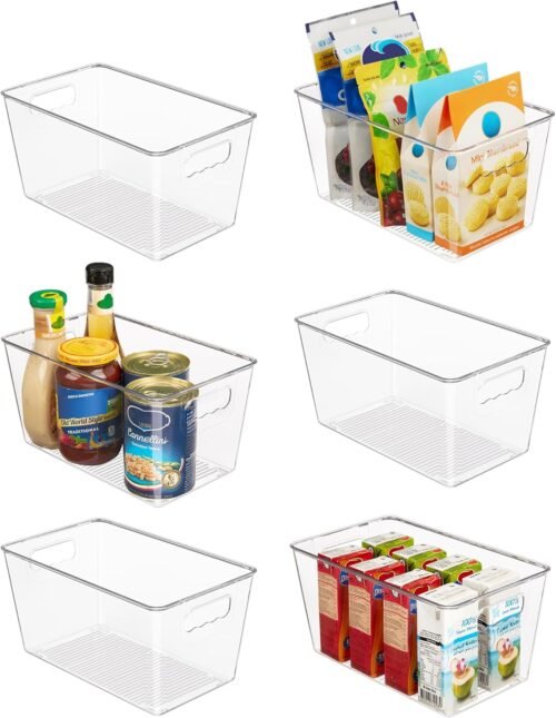 Vtopmart Clear Plastic Storage Bins, 6 PCS Pantry Organizer Bins with Handle for Refrigerator, Fridge, Cabinet, Kitchen, Countertops, Cupboard, Freezer Organization,Medium