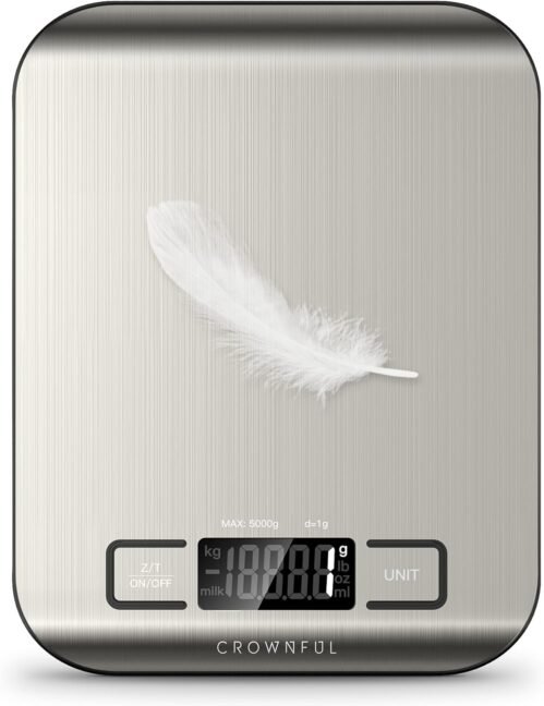 CROWNFUL Food Scale, 11 lb Digital Kitchen Scales with Built-in Coin Battery, Weight Ounces and Grams for Cooking and Baking, 6 Units with Tare Function, LCD Display, 304 Stainless Steel