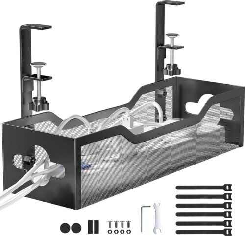 Under Desk Cable Management Tray No Drill, Metal Mesh Cable Management Under Desk with Clamp Mount, 2 Hole Cable Tray with Desk Wire Management and Desk Cord Organizer for Home Office Standing Desk