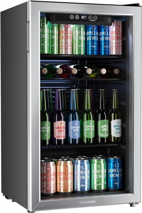 hOmeLabs Beverage Refrigerator and Cooler – Mini Fridge with Glass Door for Soda Beer or Wine – 120 Cans Capacity – Small Drink Dispenser Machine for Office or Bar with Adjustable Removable Shelves