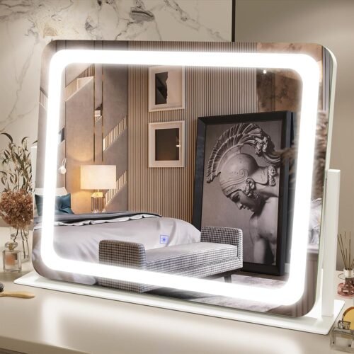 FENNIO Vanity Mirror with Lights 22”x19” Makeup Mirror with Lights,Vanity Mirror Touch Screen with 3-Color Lighting,Dimmable,for Vanity Desk Tabletop