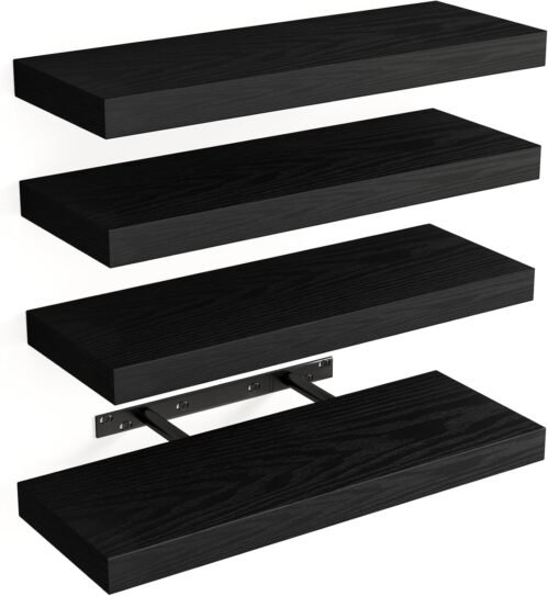 Fixwal Floating Shelves for Wall, Wall Mounted Rustic Wood Shelves for Bathroom, Living Room, Bedroom and Kitchen, Wall Shelves for Storage,Books,Room Decor (Black, Set of 4, 15.8 Inch)