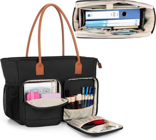 CURMIO Teacher Tote Bag for Women, Large Work Tote for Teachers, Laptop Messenger Bag for School, Black (Bag Only)