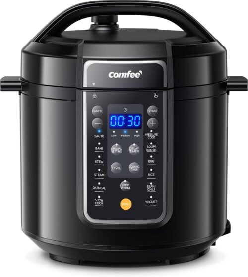 COMFEE’ 9-in-1 Electric Pressure Cooker, 14 Presets Instant Multi Cooker Olla de Presion Non-Stick Pot Yogurt Maker Rice Cooker Slow Cooker Sauté Steamer 6 Quarts Black