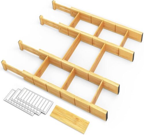SpaceAid Bamboo Drawer Dividers with Inserts and Labels, Kitchen Adjustable Drawer Organizers, Expandable Organization for Home, Office, Dressers, 4 Dividers with 9 Inserts (17″-22″ Natural)