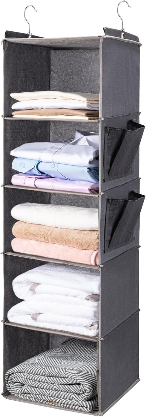 BOOMIBOO Hanging Closet Organize and Shelves，5-Hanging Shelf with 2 Side Pockets，Storage Foldable （Grey）