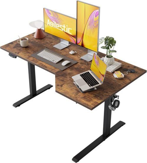 Agilestic Electric L-Shaped Standing Desk, 55 Inches Height Adjustable, Sit and Stand Up for Work Office Home, Ergonomic Rising Computer Table With Splice Board, Rustic Brown