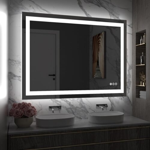 Amorho LED Bathroom Mirror 48″ X36″ with Front and Backlight, Stepless Dimmable Wall Mirrors with Anti-Fog, Shatter-Proof, Memory, 3 Colors, Double LED Vanity Mirror