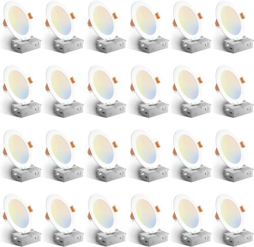 Amico 24 Pack 6 Inch 5CCT Ultra-Thin LED Recessed Ceiling Light with Junction Box, 1050LM Brightness, Dimmable Canless Wafer Downlight, 12W, ETL&FCC