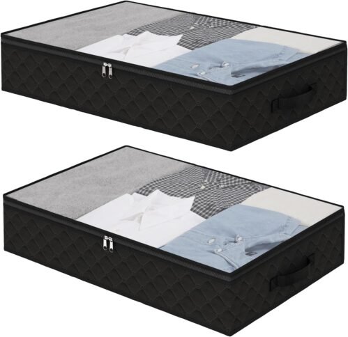 Fixwal Black Underbed Storage Bags with Clear Window and 2 Reinforced Handles Under Bed Storage Containers for Clothing, Bedding, Comforter (2 Pack)