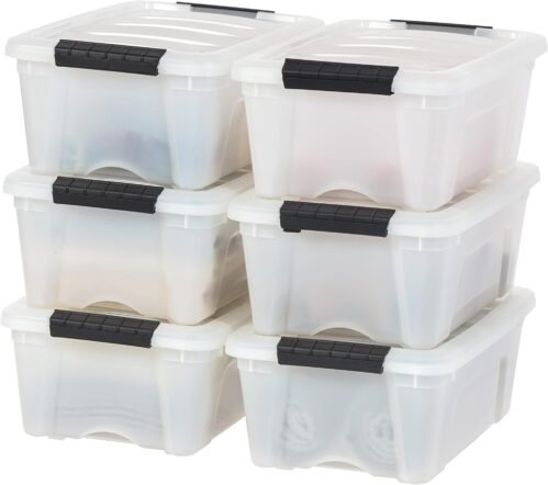 13 Qt Stackable Plastic Storage Bins with Lids, 6 Pack – BPA-Free, Made in USA – Discreet Organizing Solution, Latches, Durable Nestable Containers, Secure Pull Handle – Pearl