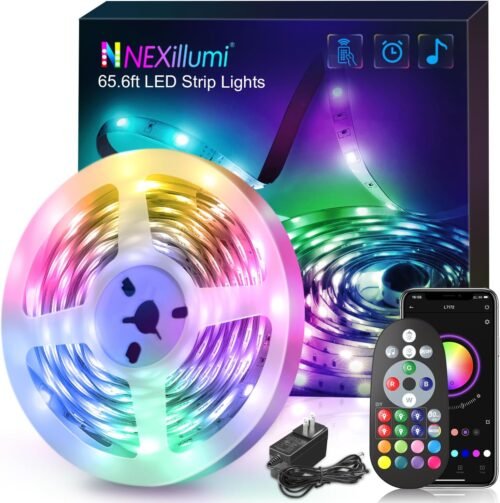 Nexillumi Led Lights for Bedroom 65.6ft (1 Rolls of 65.6ft) with Color Changing Strip Lights with Remote and APP Control RGB Lighting Strip for Indoor Party Home Room Decor and 24V Power Supply