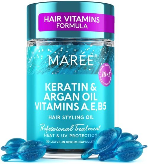 MAREE Hair Oil for Frizzy – Hair Vitamins A, E & B Keratin Styling Capsules with Jojoba & Argan Oil – Anti Frizz Serum for Women – Frizzy, Damaged, Dry and Curly – Sérum Gotas & Aceite Para el Cabello