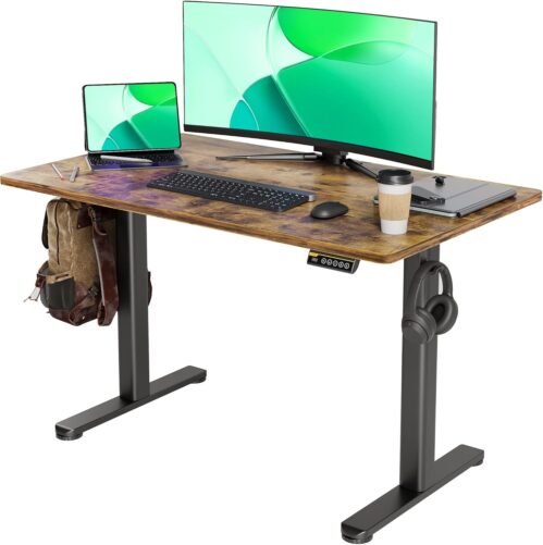 Claiks Electric Standing Desk, Adjustable Height Stand up Desk, 24×48 Inches Sit Stand Home Office Desk with Splice Board, Black Frame/Rustic Brown Top