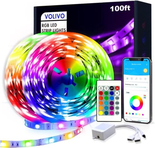 VOLIVO 100ft RGB Led Strip Lights, Color Changing Led Light Strips Kit with 24 Keys IR Remote Control, Music Sync Lighting for Bedroom, Room, Home