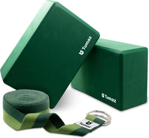 Tumaz Yoga Blocks 2 Pack with Strap Set, High Density/Lightweight EVA Foam Yoga Blocks or Non-Slip Solid Natural Cork Yoga Blocks & Premium 8F Yoga Strap Set for Yogi [Instruction E-Book Included]