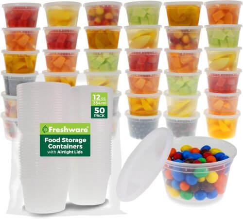 Freshware Food Storage Containers [50 Set] 12 oz Plastic Deli Containers with Lids, Slime, Soup, Meal Prep Containers | BPA Free | Stackable | Leakproof | Microwave/Dishwasher/Freezer Safe