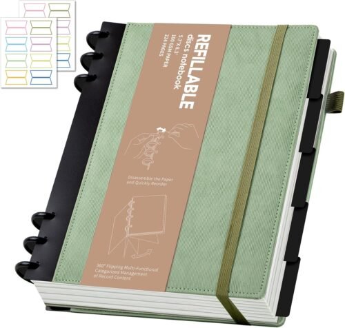 Yoment Lined Spiral Journal Notebook for Work 224 Pages Hardcover Notebook with 5 Subject Removable Dividers Tabs Discbound Notebook Colleged Ruled 6.3 x 8.7 Small Spiral Journal for Women Men,Green