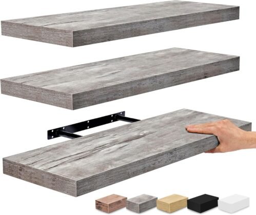 Sorbus Floating Shelves for Wall – 24 Inch Wall Shelves for Bedroom, Kitchen Decor, Bathroom Shelves – 3 Gray Floating Shelves for Wall Decor, Books, Storage – Wall Mounted with Invisible Brackets