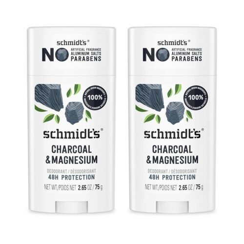 Schmidt’s Aluminum-Free Vegan Deodorant Charcoal & Magnesium with 48 Hour Odor Protection, 2 Count for Women and Men, Natural Ingredients, Cruelty-Free, 2.65 oz, Pack of 2