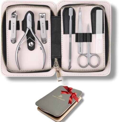 Manicure Pedicure Set 7-in-1 Stainless Steel, Ultra Sharp, Slanted Nail Clipper, Fingernail Clipper, Cuticle Nipper, Glass Nail File, Eyebrow Tweezers, Scissors, Case – Gift (Matte Grey)