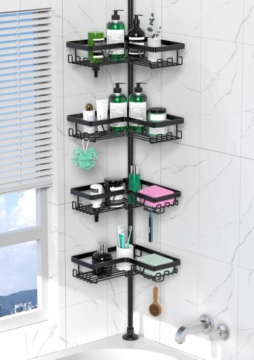Corner Shower Caddy Tension Pole – 4 Tier Stainless Steel Rustproof Shower Corner Caddy for Bathroom Shower Organizer Shelves Adjustable Pole 25-114.2 Inch Black