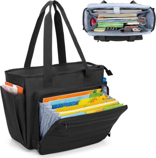 CURMIO Large Teacher Bag for Women, Portable Teacher Tote Bag with Accordion File Organizer Compartment and Laptop Sleeve, Black(Patent Pending)