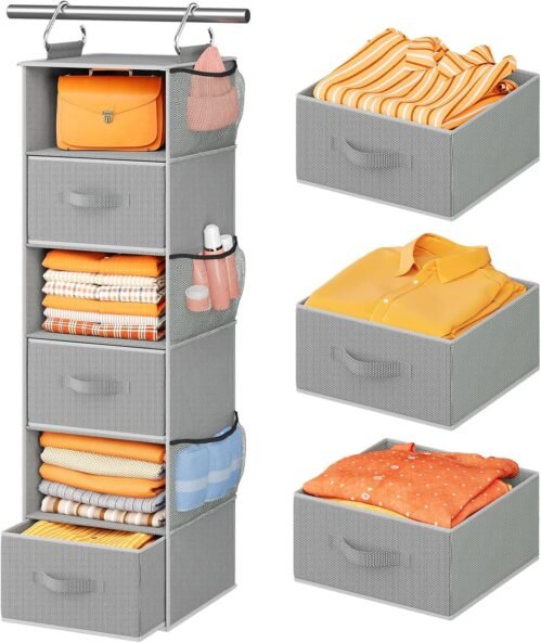 Pipishell Hanging Closet Organizer 6-Shelf, Hanging Shelves for Closet with 3 Removable Drawers & Side Pockets for Bedroom or Garment Rack, 12′ x 12′ x 43.3′, Dark Gray