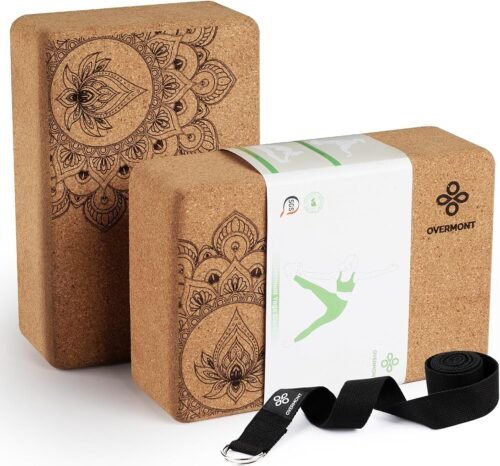 Overmont Cork Yoga Blocks 2 pack with 8ft Strap Set Natural Cork Yoga Bricks- High Density & Eco Friendly Yoga Accessories for Women – Ideal for Yoga Pilates General Fitness and Stretching 9x6x3”