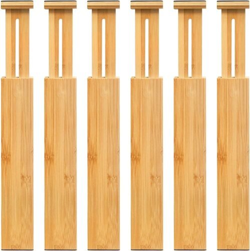 VaeFae Adjustable Bamboo Drawer Dividers, Expandable Drawer Organizer for Kitchen, Bedroom, Bathroom, Dresser and Office, 6-Pack