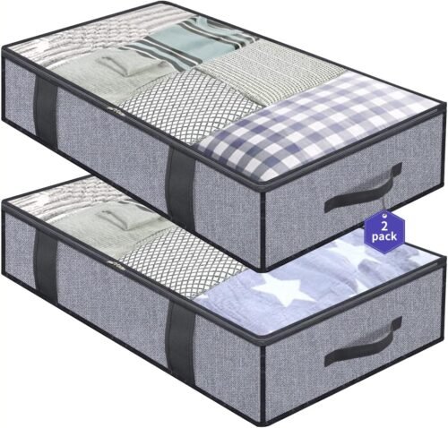 Onlyeasy Foldable Underbed Bags 2 Pack – Blankets Clothes Comforters Storage Bag Breathable Zippered Organizer for Bedroom with Clear Window and 4 Handles, 39.4×19.7×5.9 in, Linen-like Grey, MXDUBBP2