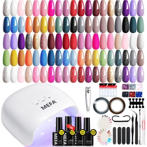 MEFA 60 Pcs Gel Nail Polish Kit with U V Light, 32 Colors All Seasons Soak Off Gel Polish Nail Set with Matte/Glossy Glitter Base Top Coat Manicure Tools Nails DIY Easter Decorations Gifts for Women