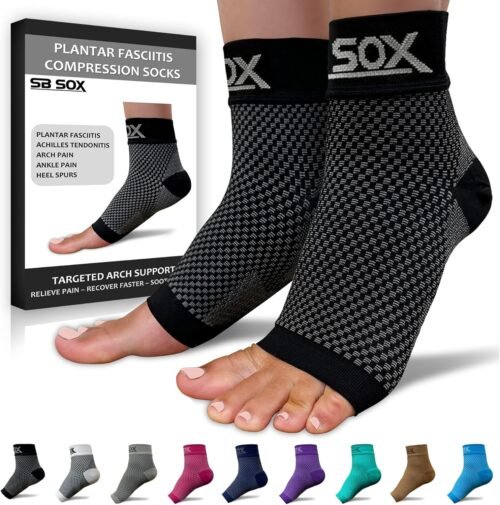 SB SOX Plantar Fasciitis Relief Socks – Night Splint & Foot Brace for Achilles Tendonitis, Heel Pain, and Arch Support – Foot Compression Sleeve for Recovery, Foot Swelling, and Fatigue (Black, Medium)